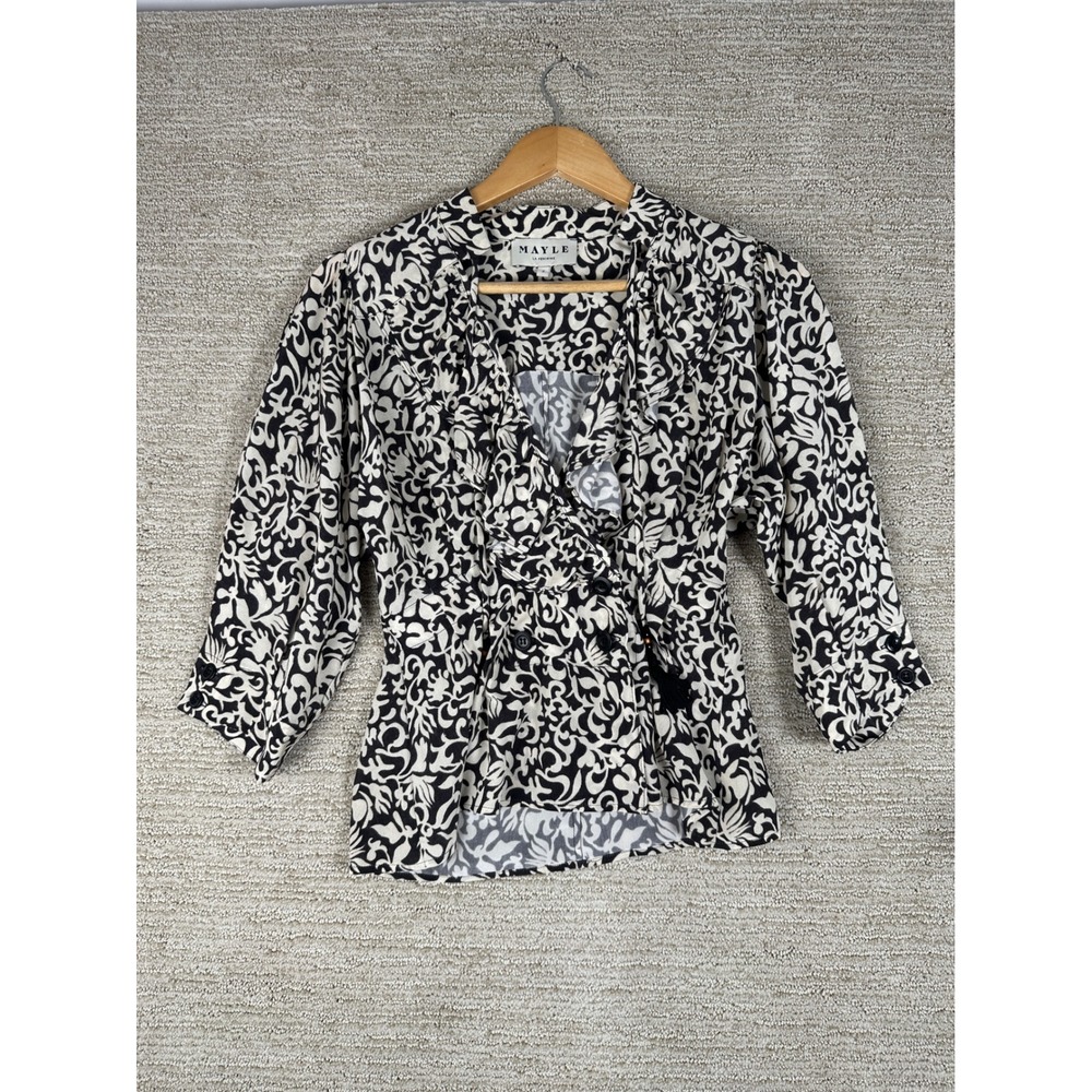Mayle La Feminine Silk Blouse Black Ivory Scroll Print Ruffle Tassel Top 2